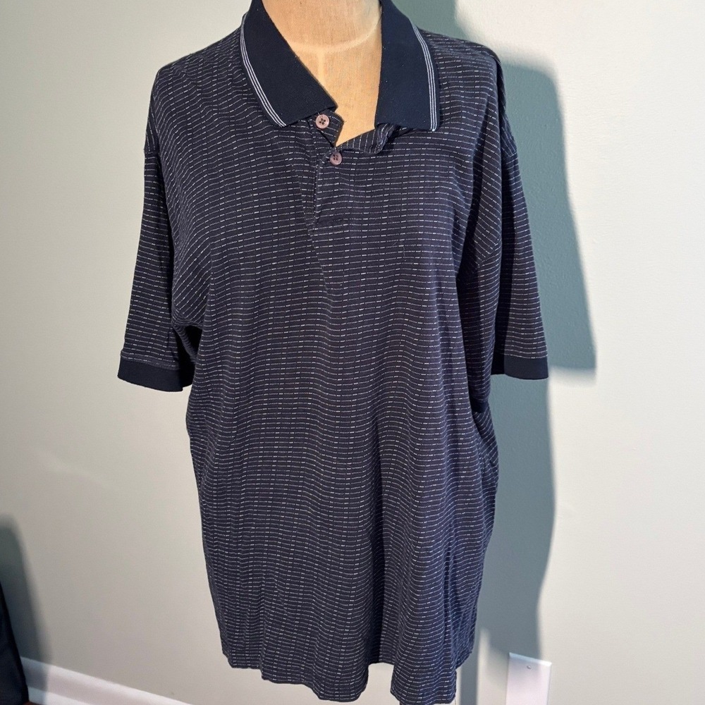 Marc Edwards Mens XL Polo Shirt Navy Blue White Micro Stripe 100% Cotton